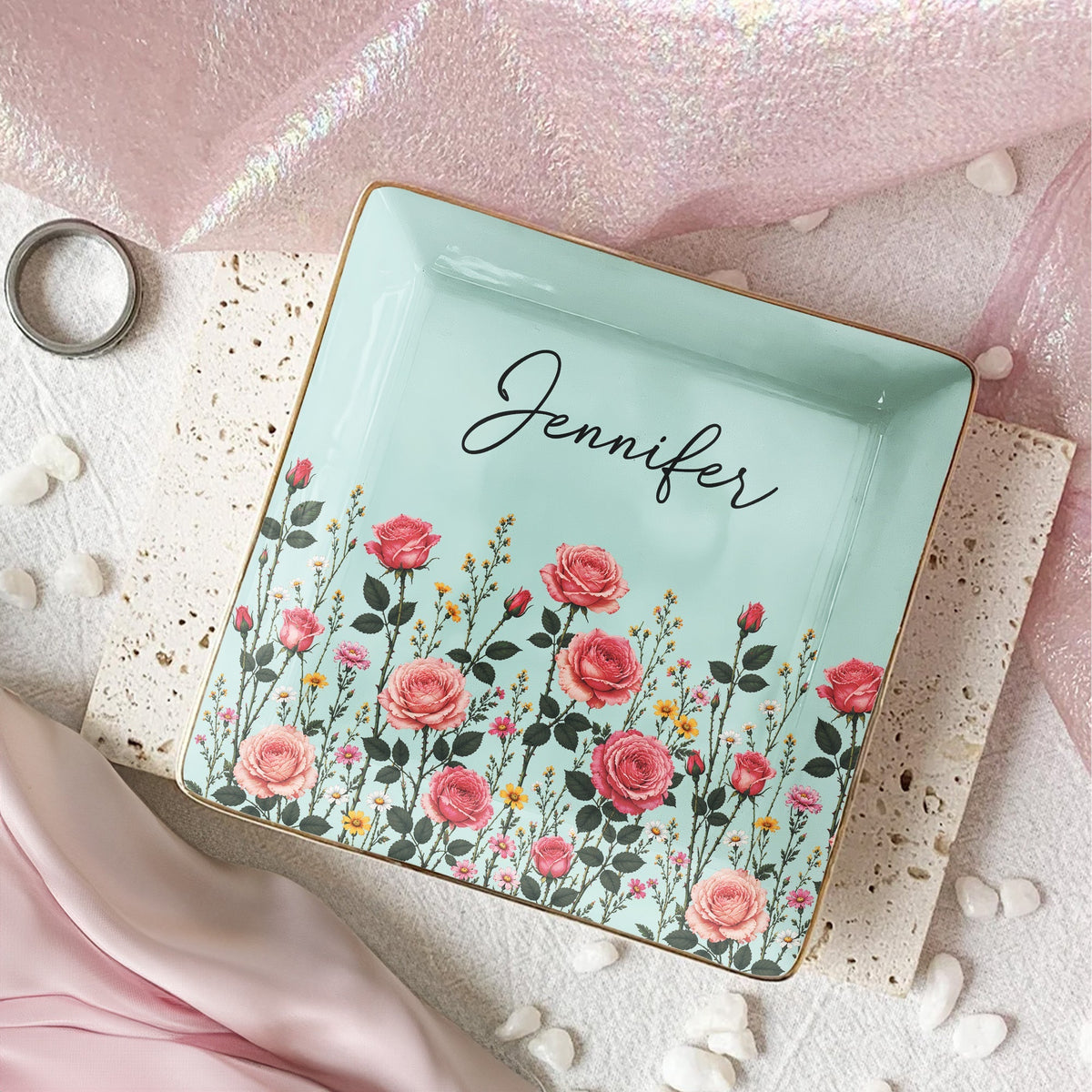 Custom Birth Flower & Name For Her, Gift For Friends, Coworkers, Daughters, Sisters - Personalized Jewelry Dish