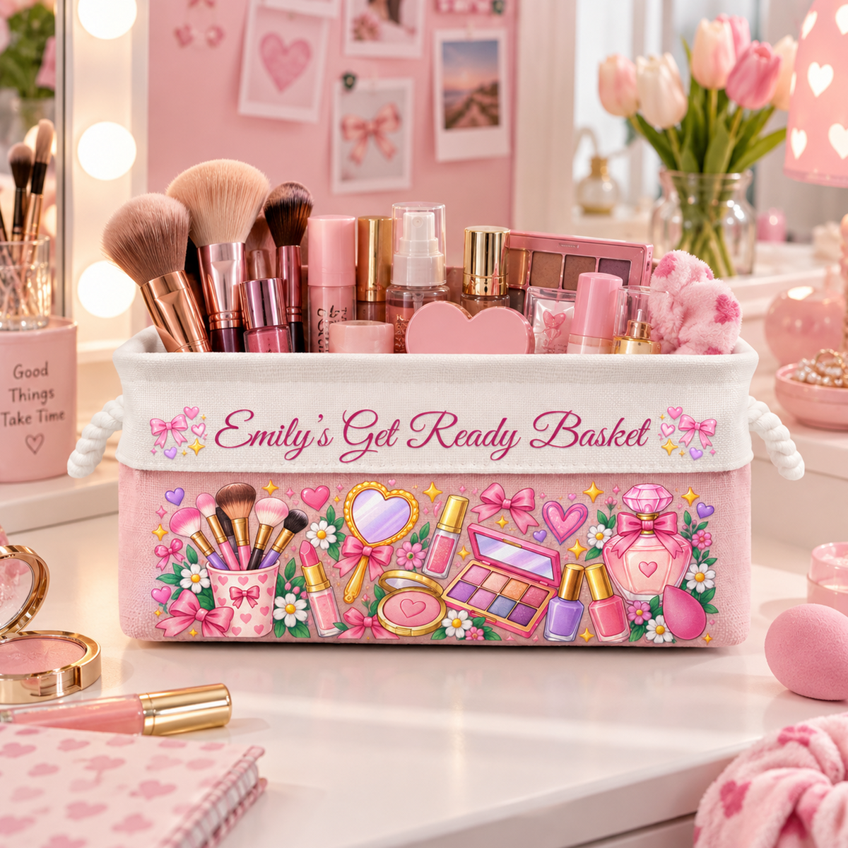 Makeup Storage Basket With Handles For Girls, Daughters, Granddaughters - Personalized Storage Basket