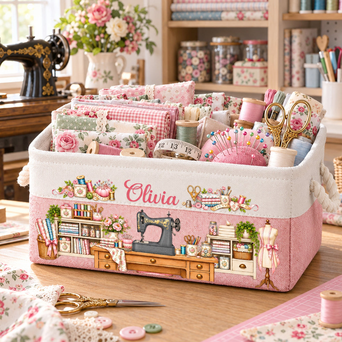 Sewing Basket, Craft Basket Custom Sewing Machine & Birth Flower - Personalized Storage Basket