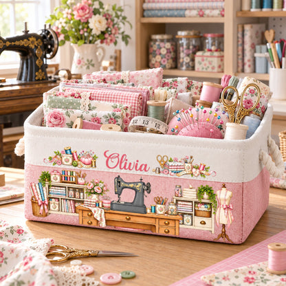 Sewing Basket, Craft Basket Custom Sewing Machine & Birth Flower - Personalized Storage Basket