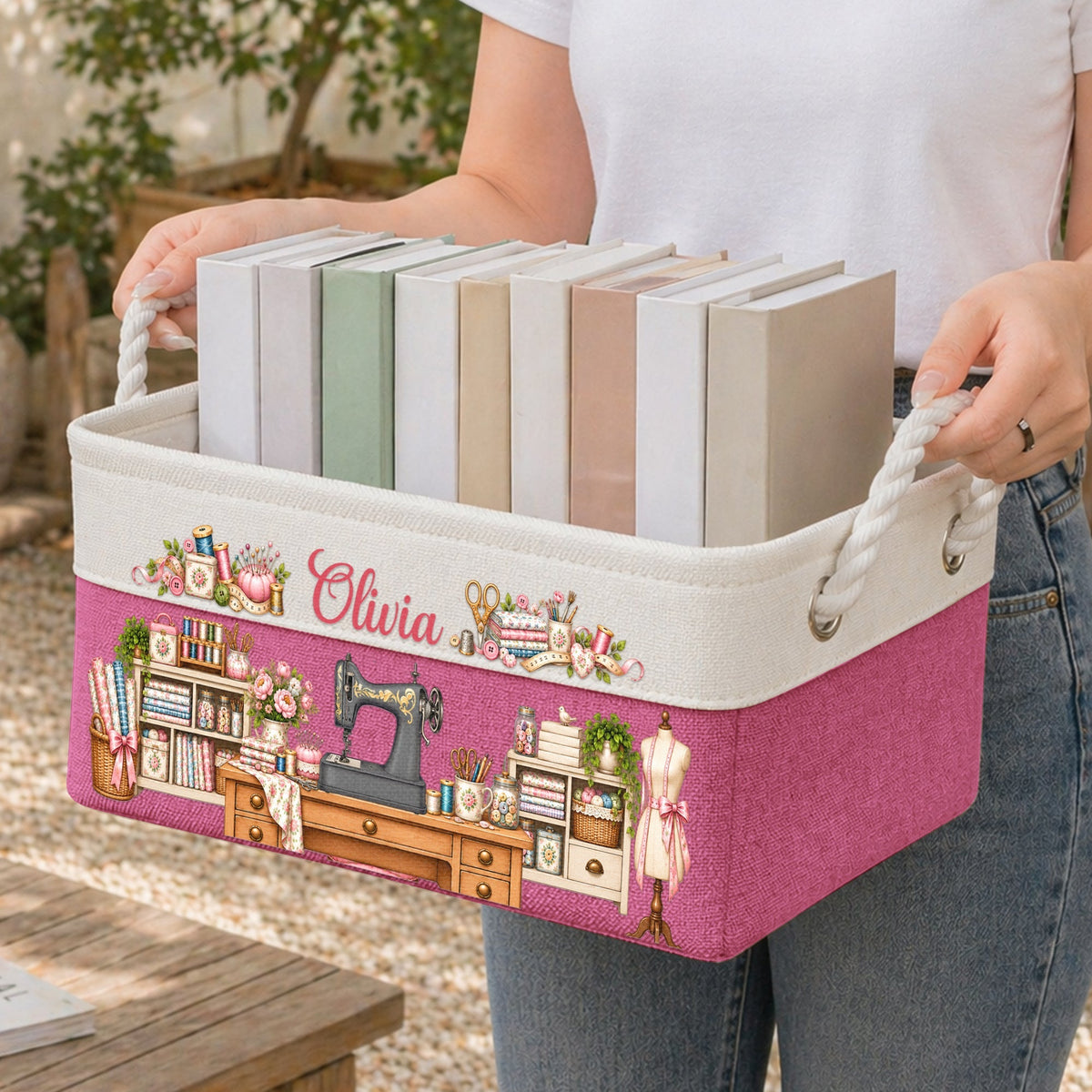 Sewing Basket, Craft Basket Custom Sewing Machine & Birth Flower - Personalized Storage Basket