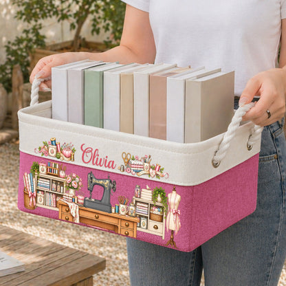 Sewing Basket, Craft Basket Custom Sewing Machine & Birth Flower - Personalized Storage Basket