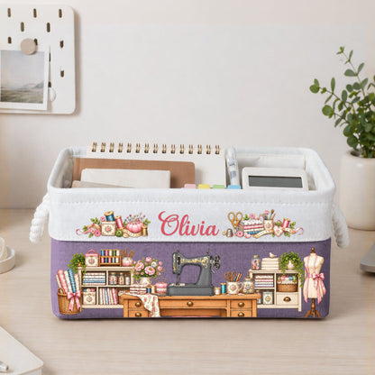 Sewing Basket, Craft Basket Custom Sewing Machine & Birth Flower - Personalized Storage Basket